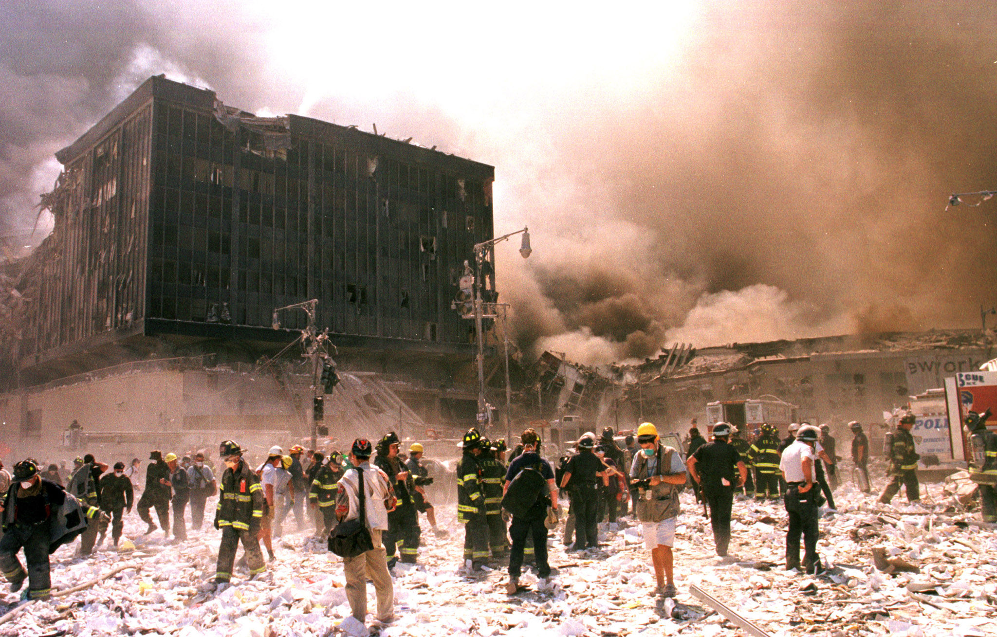 DAMAGED BUILDINGS IN MANHATTAN AFTER WORLD TRADE CENTER COLLAPSE.