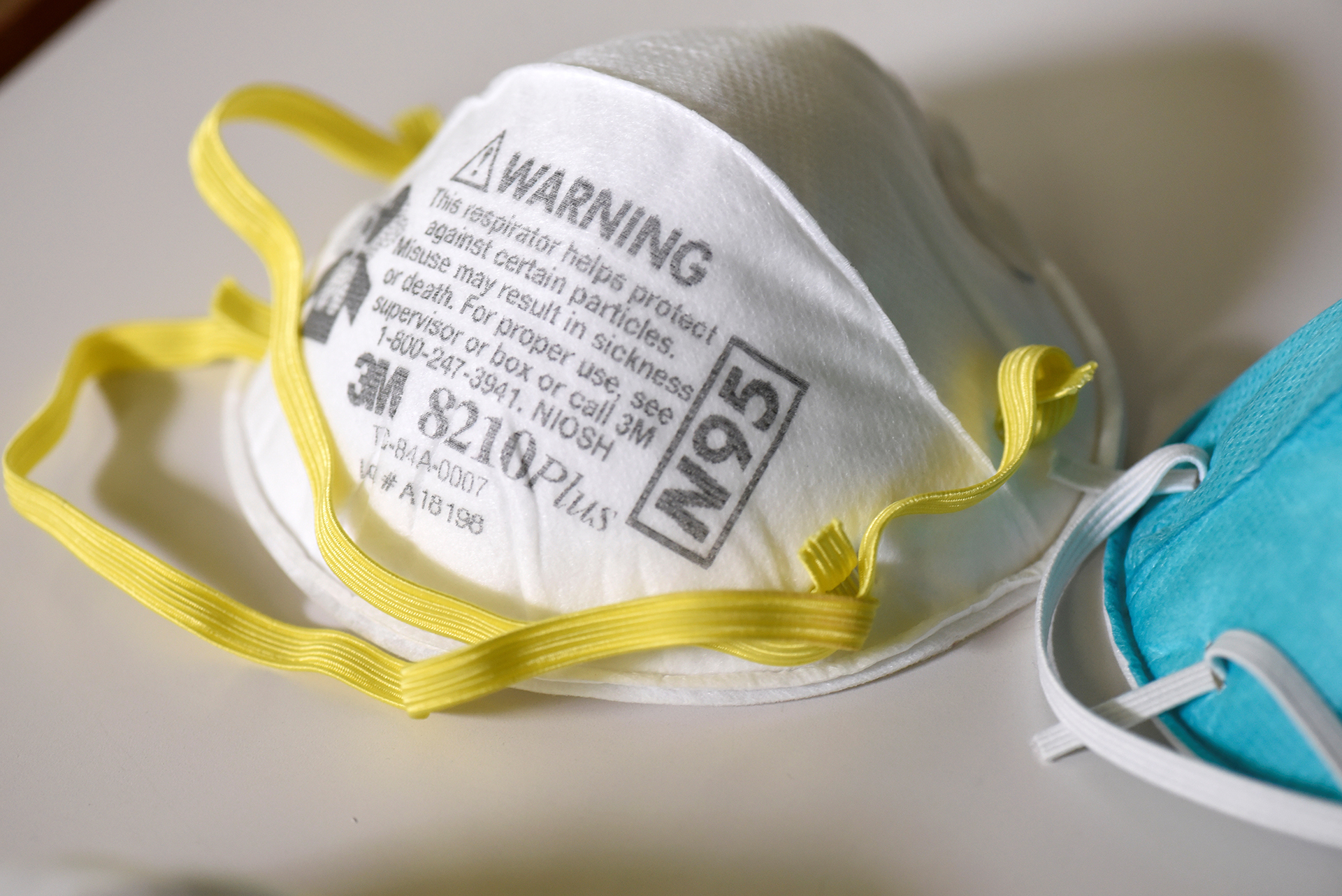Various N95 respiration masks at a laboratory of 3M, that has been contracted by the U.S. government to produce extra marks in response to the country's novel coronavirus outbreak, in Maplewood, Minnesota